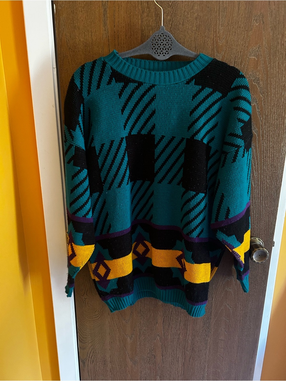 Vintage Teal Patterned Crewneck Sweater with Geometric Trim